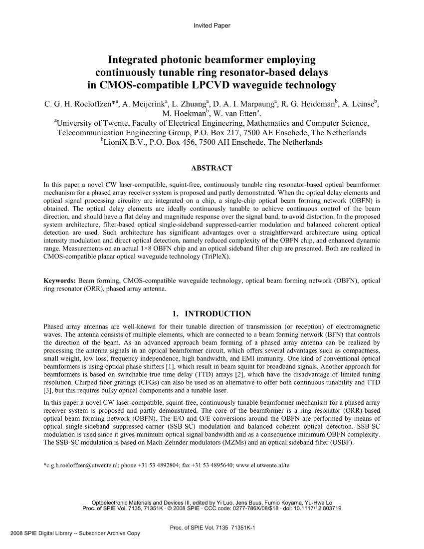 Pdf Integrated Photonic Beamformer Employing Continuously Tunable Ring Resonator Based Delays In Cmos Compatible Lpcvd Waveguide Technology