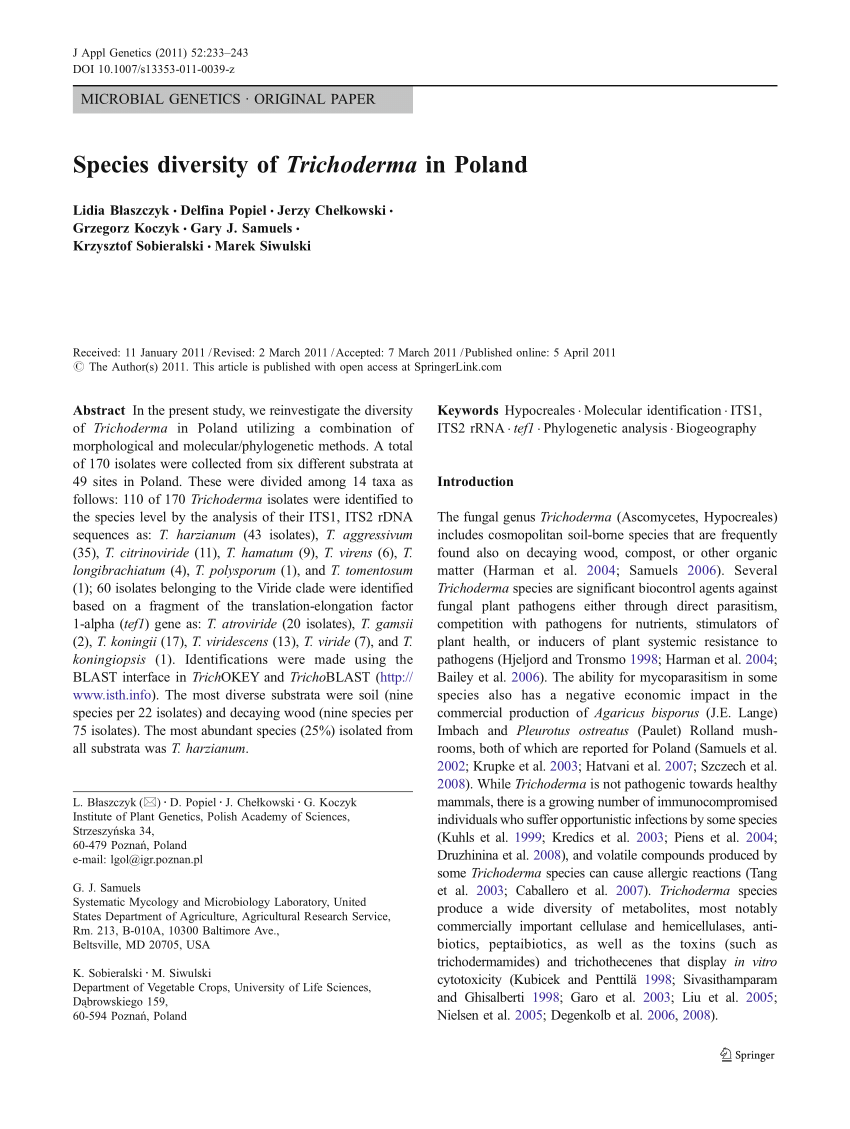 Pdf Species Diversity Of Trichoderma In Poland