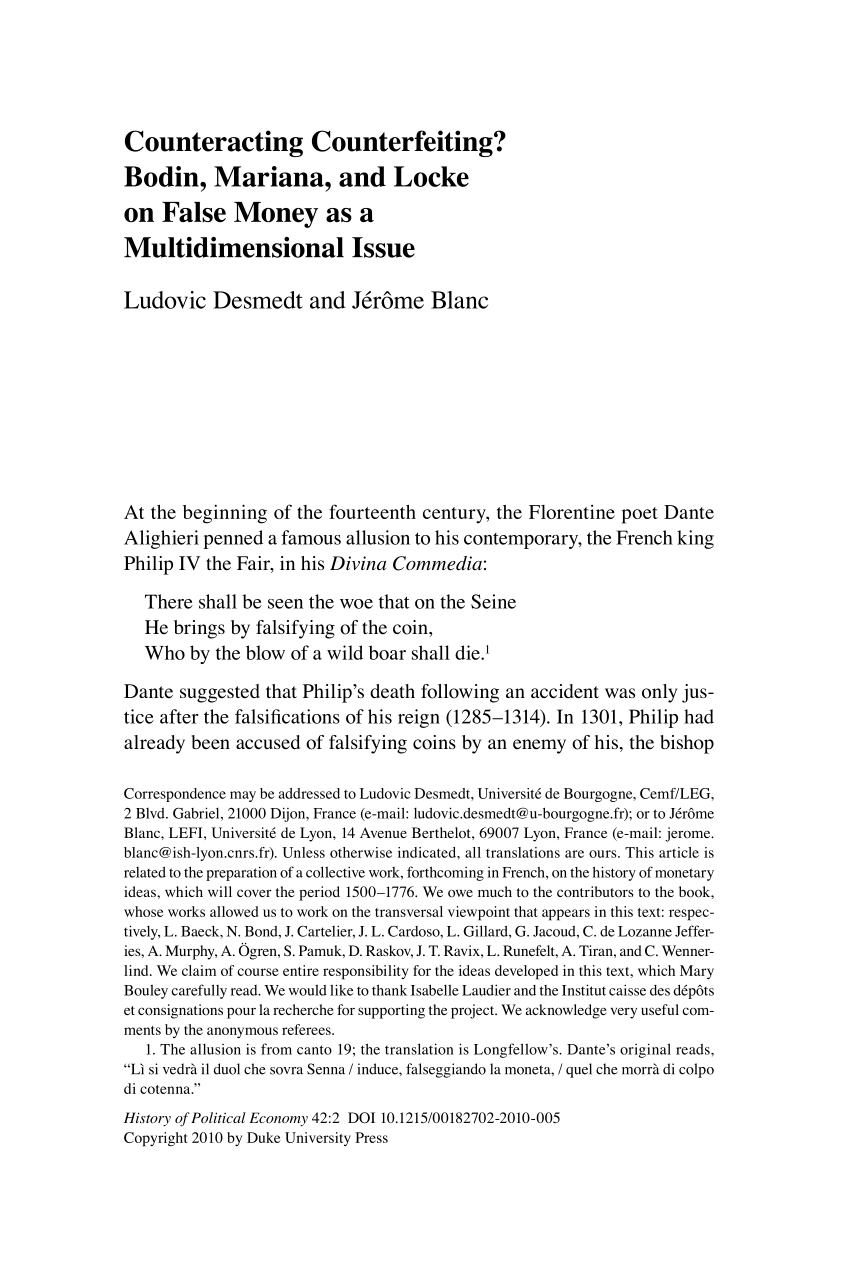 Pdf Counteracting Counterfeiting Bodin Mariana And Locke On False Money As A Multidimensional Issue