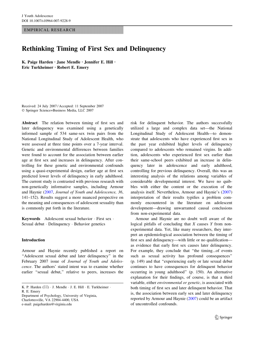 PDF) Rethinking Timing of First Sex and Delinquency