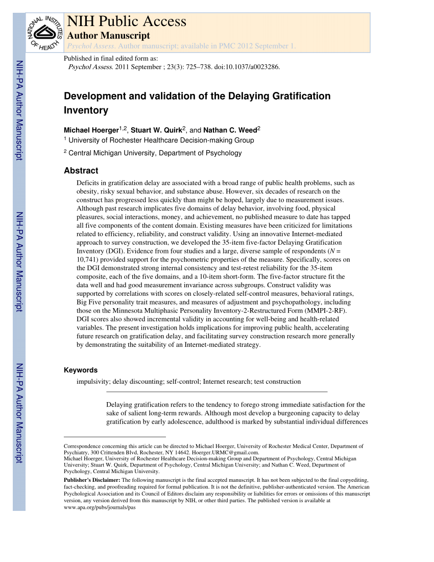 PDF Development and Validation of the Delaying Gratification