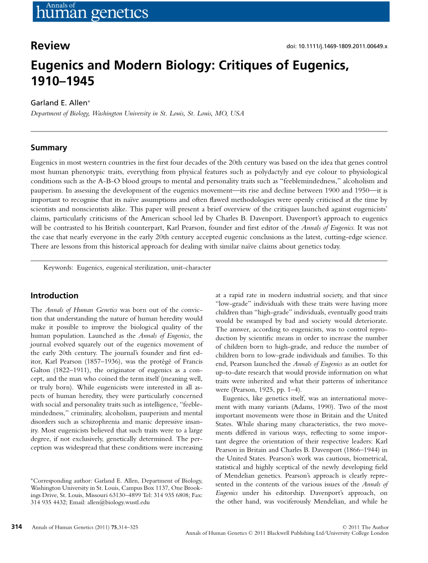 Pdf Eugenics And Modern Biology Critiques Of Eugenics 19101945 