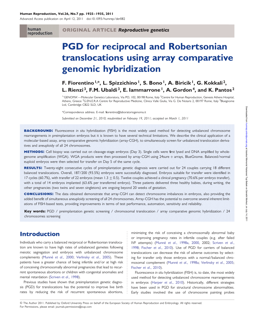 Pdf Preimplantation Genetic Diagnosis For Reciprocal And Robertsonian Translocations Using Array Comparative Genomic Hybridization Editorial Comment