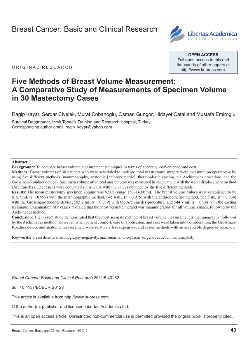 PDF) Five Methods of Breast Volume Measurement: A Comparative Study of  Measurements of Specimen Volume in 30 Mastectomy Cases
