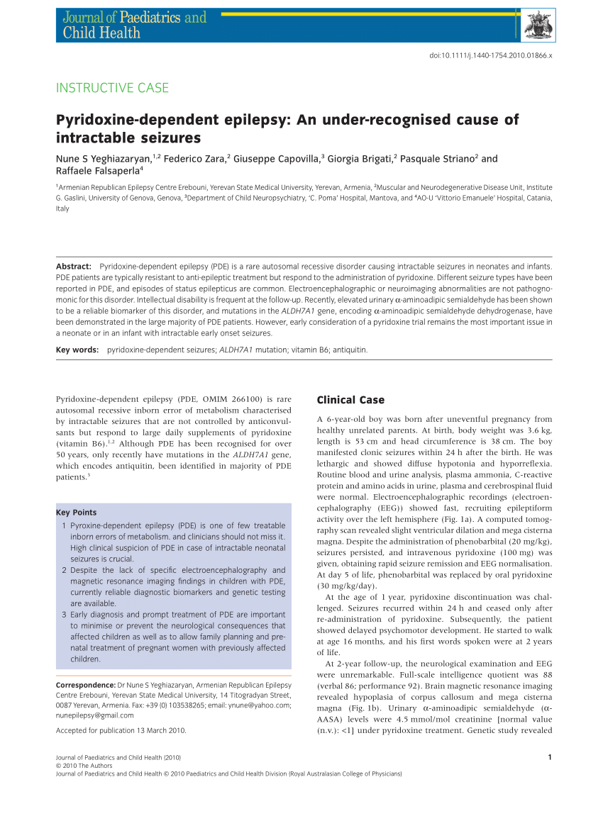 Pdf Pyridoxine Dependent Epilepsy An Under Recognised Cause Of Intractable Seizures