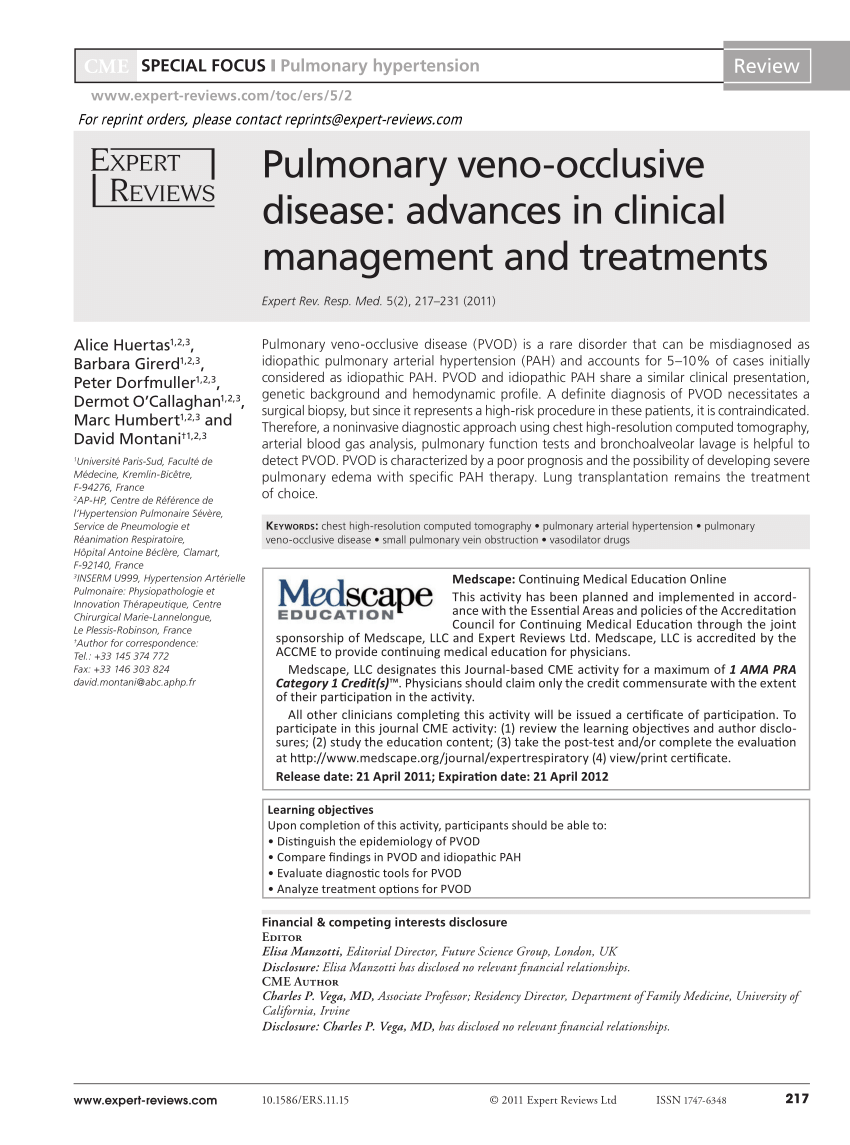 PDF) Pulmonary veno-occlusive disease Advances in clinical management and treatments