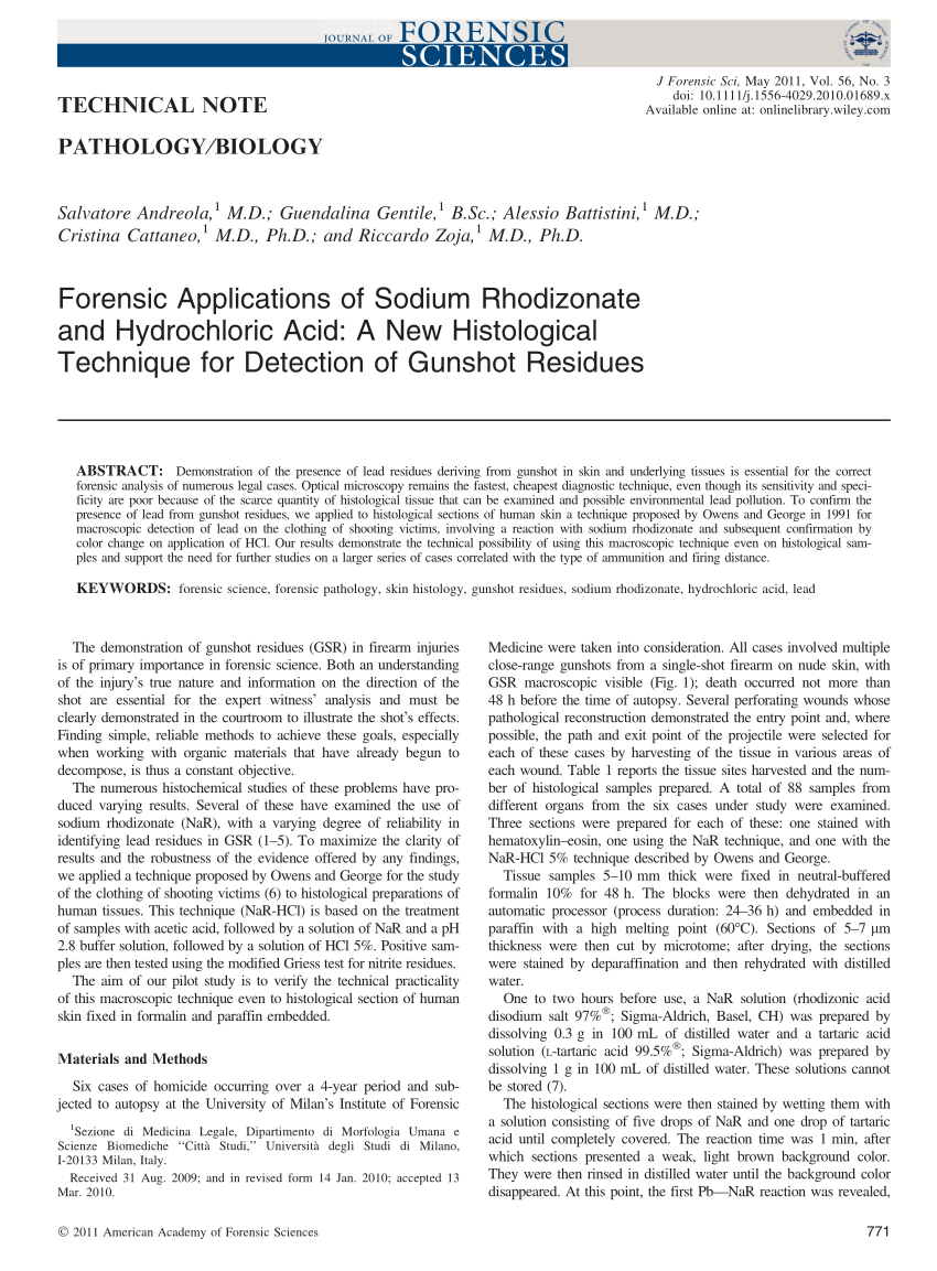 PDF) Forensic Applications of Sodium Rhodizonate and Hydrochloric Acid: A  New Histological Technique for Detection of Gunshot Residues