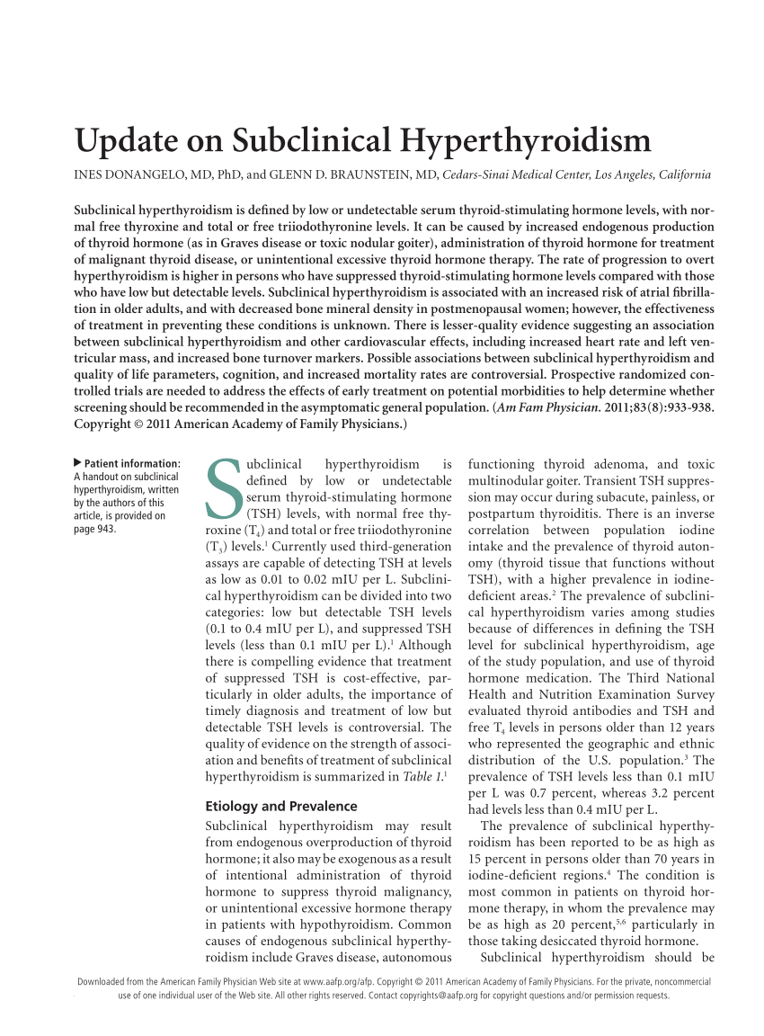 Pdf Update On Subclinical Hyperthyroidism 