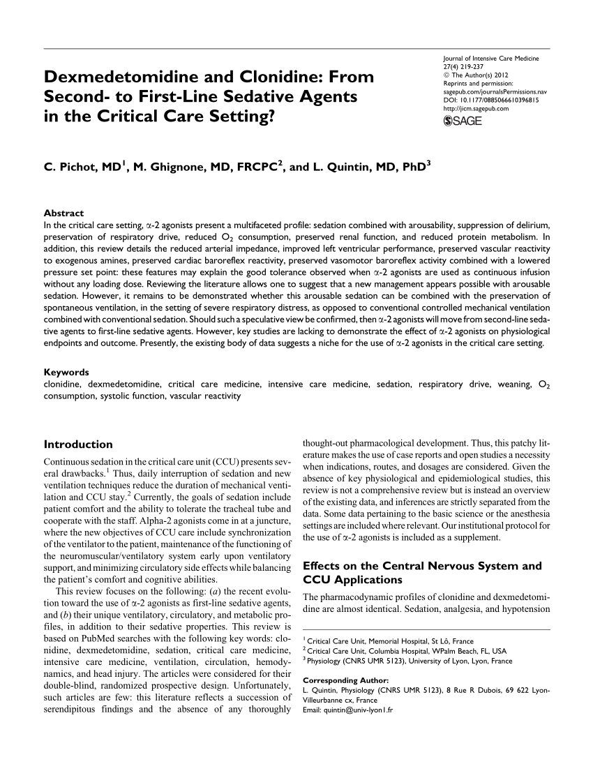 Pdf Dexmedetomidine And Clonidine From Second To First Line Sedative Agents In The Critical Care Setting