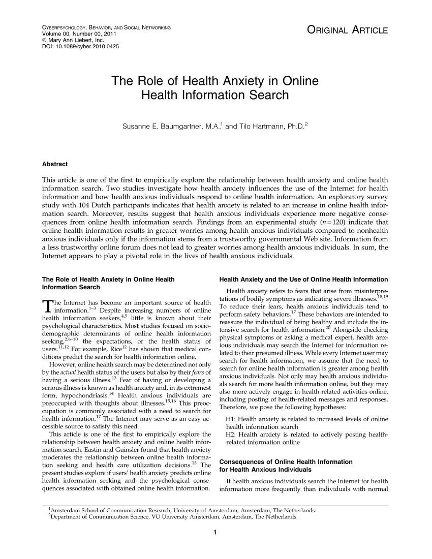 Pdf The Role Of Health Anxiety In Online Health Information Search