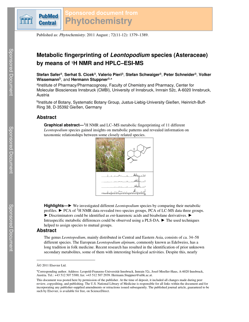 Pdf Metabolic Fingerprinting Of Leontopodium Species Asteraceae
