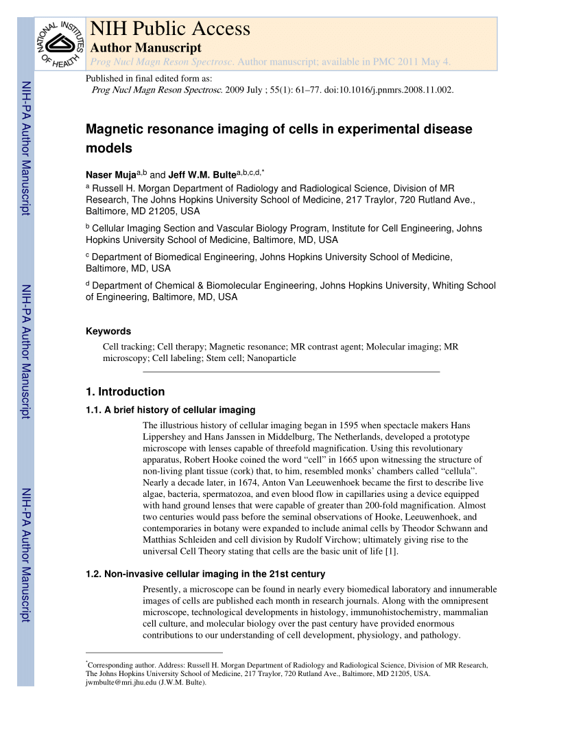 PDF) Magnetic resonance imaging of cells in experimental disease 
