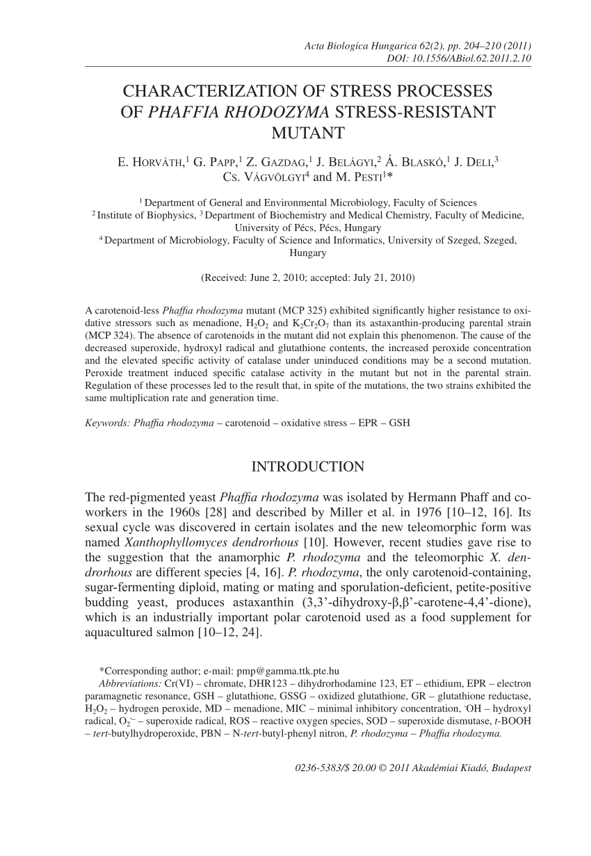 Pdf Characterization Of Stress Processes Of Phaffia Rhodozyma Stress Resistant Mutant