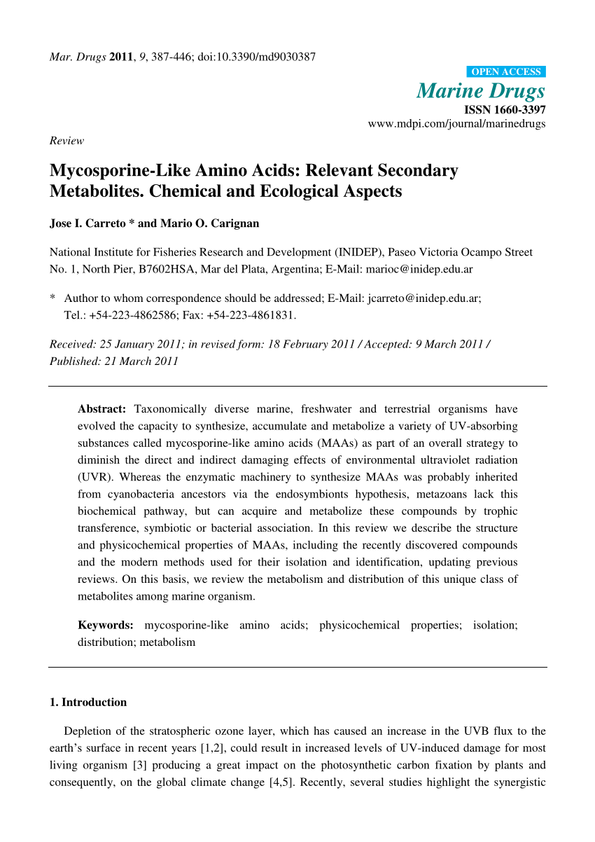 PDF) Mycosporine-Like Amino Acids: Relevant Secondary Metabolites