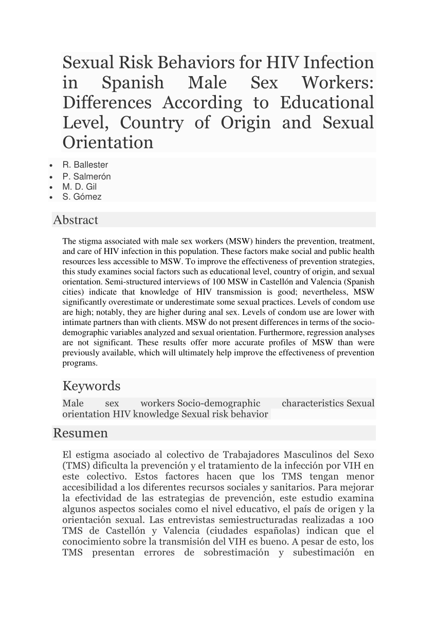 Pdf Sexual Risk Behaviors For Hiv Infection In Spanish Male Sex Workers Differences According 