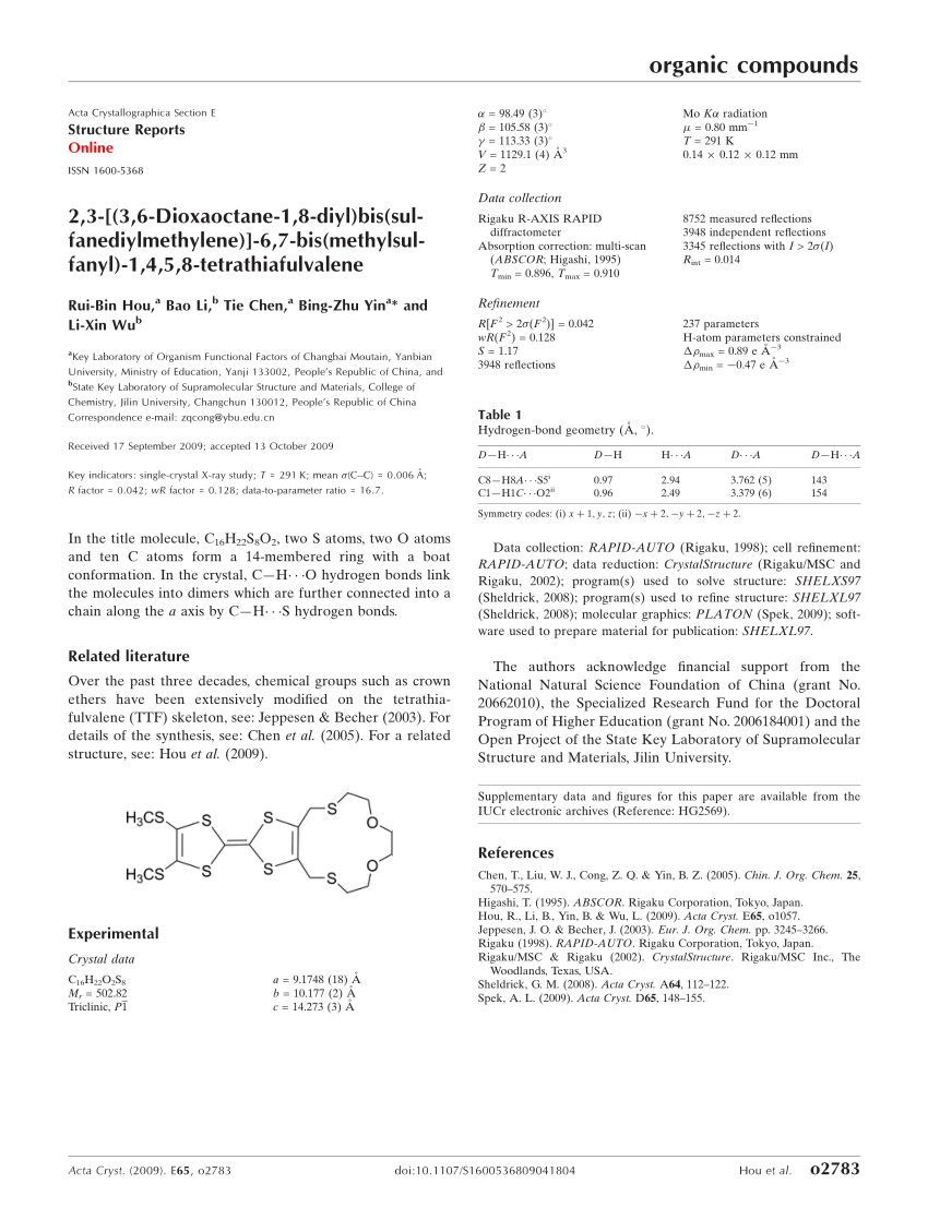 Pdf 2 3 3 6 Dioxaoctane 1 8 Diyl Bis Sulfanediylmethylene 6 7 Bis Methyl Sulfanyl 1 4 5 8 Tetrathiafulvalene
