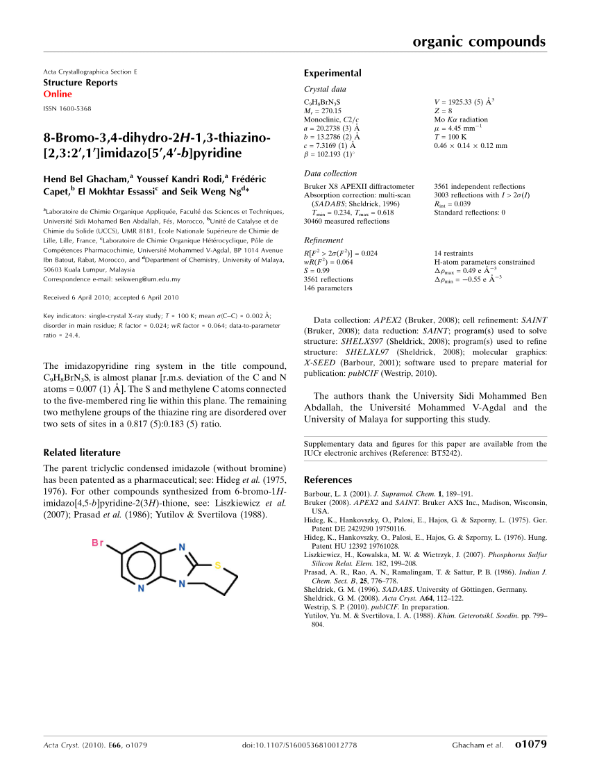 Pdf 8 Bromo 34 Dihydro 2h 13 Thiazino 232 1 Imidazo 5 4 B Pyridine 