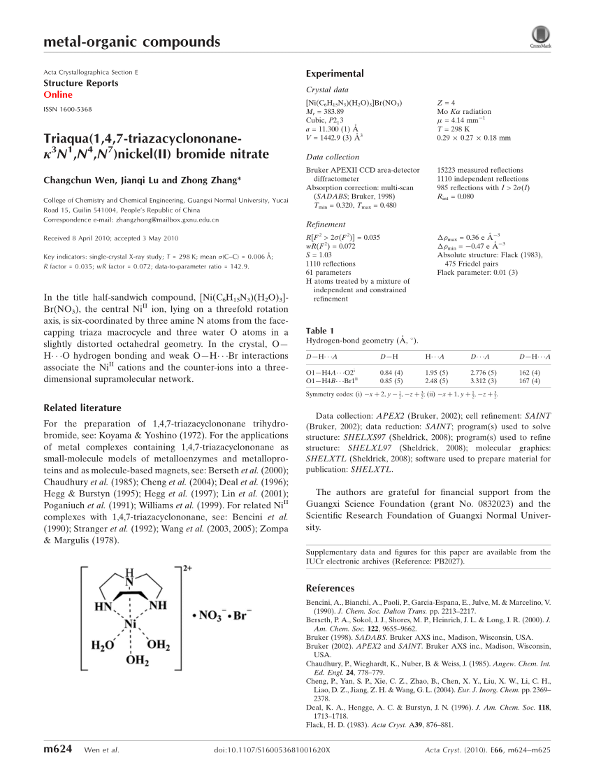 Pdf Triaqua 1 4 7 Triaza Cyclo Nonane 3 N 1 N 4 N 7 Nickel Ii Bromide Nitrate