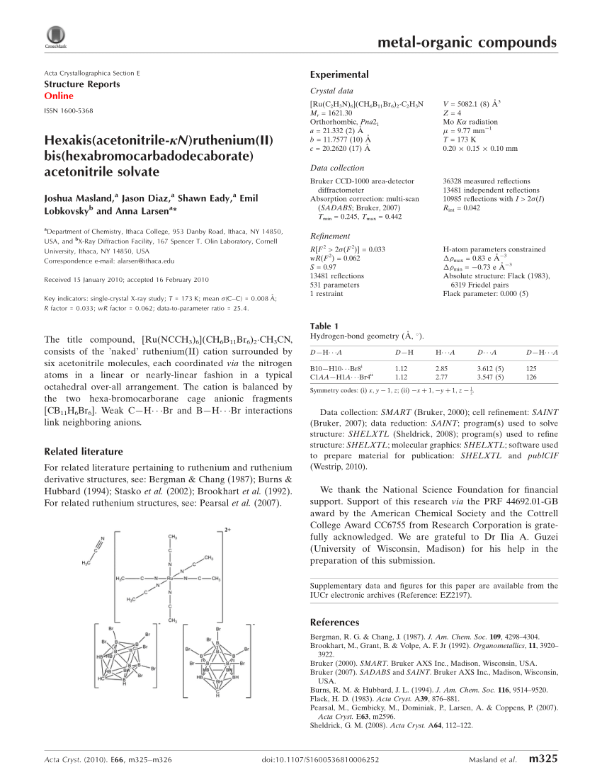 Pdf Hexakis Acetonitrile Kn Ruthenium Ii Bis Hexabromocarbadodecaborate Acetonitrile Solvate