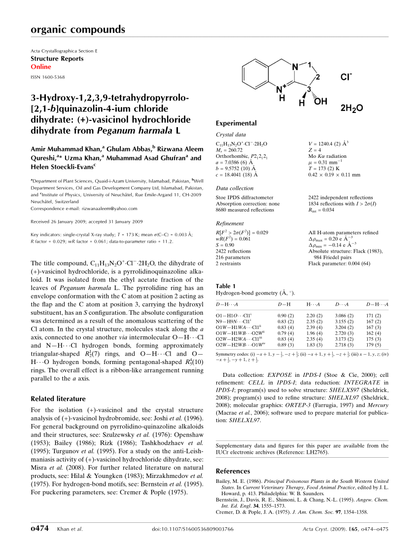 Pdf 3 Hydroxy 1 2 3 9 Tetrahydropyrrolo 2 1 B Quinazolin 4 Ium Chloride Dihydrate Vasicinol Hydrochloride Dihydrate From Peganum Harmala L