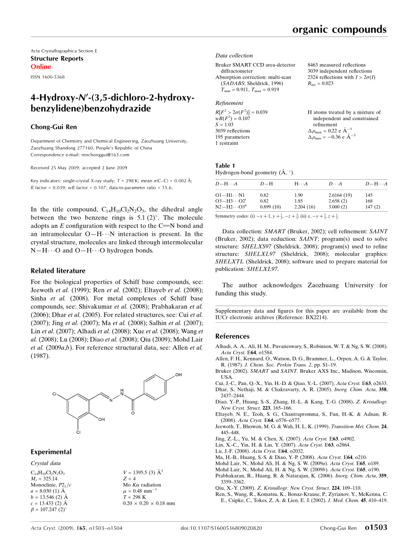 Pdf 4 Hydroxy N 3 5 Dichloro 2 Hydroxybenzylidene Benzohydrazide