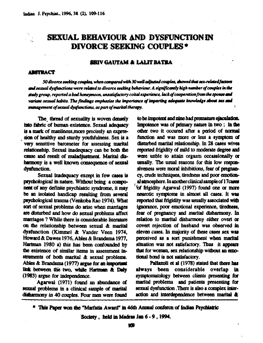 PDF Sexual behaviour and dysfunction in divorce seeking couples