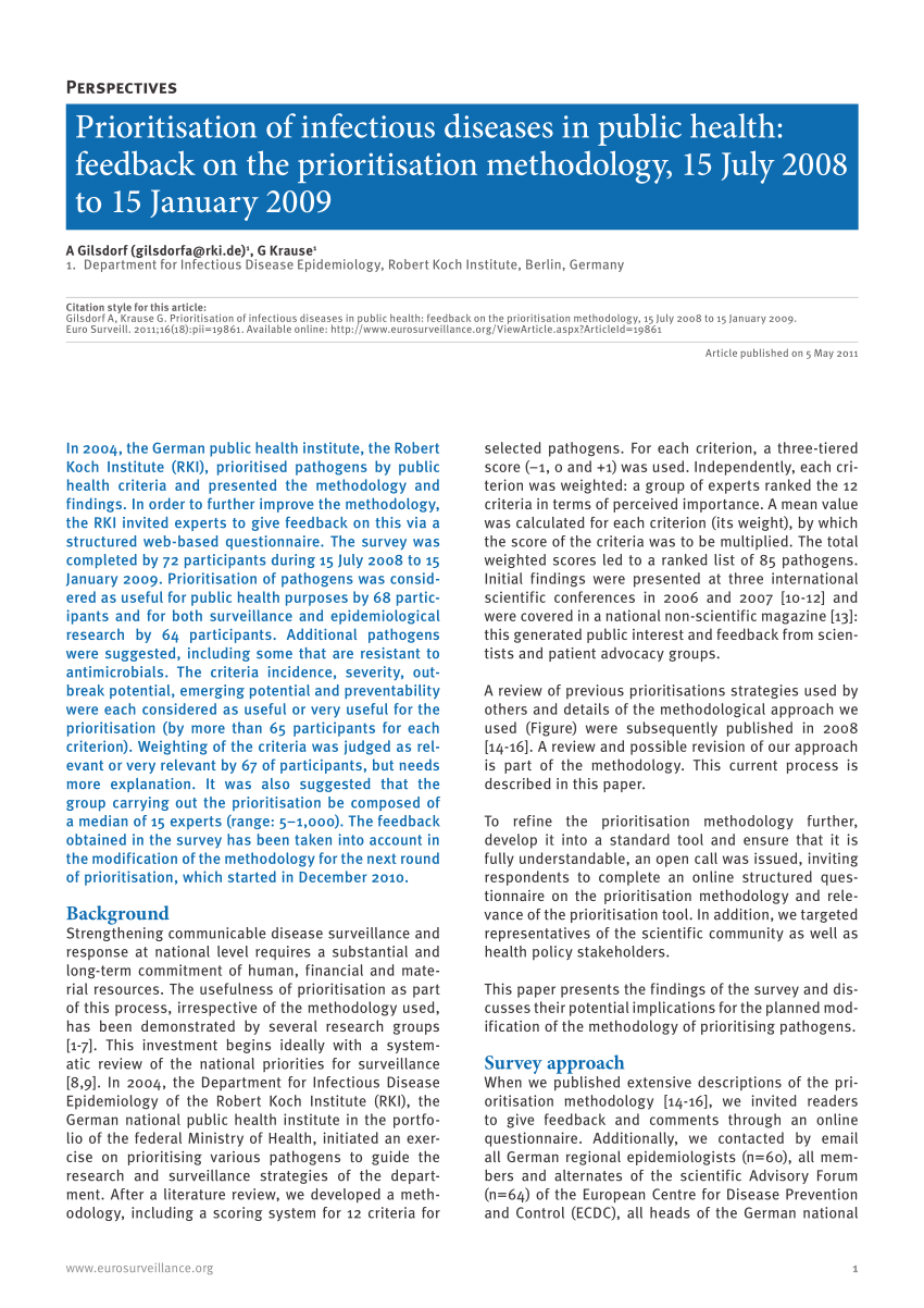 Pdf Prioritisation Of Infectious Diseases In Public Health - 