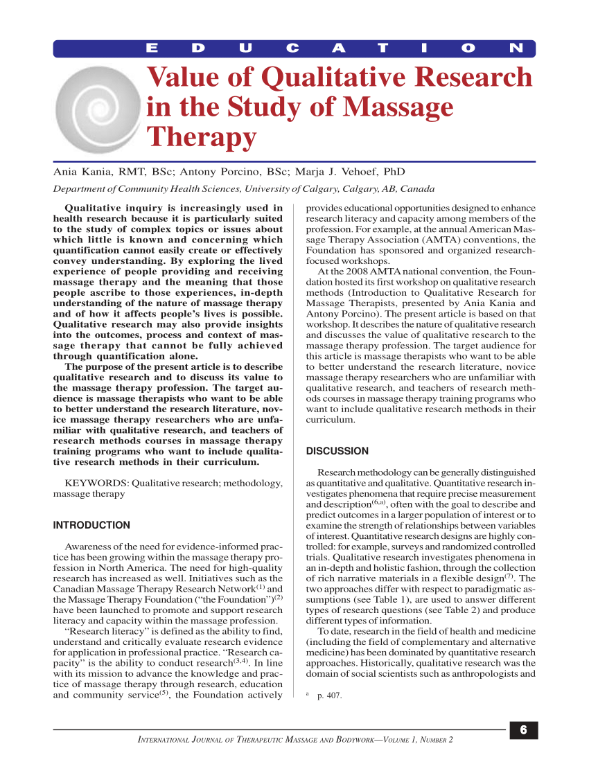 PDF) Value of Qualitative Research in the Study of Massage Therapy