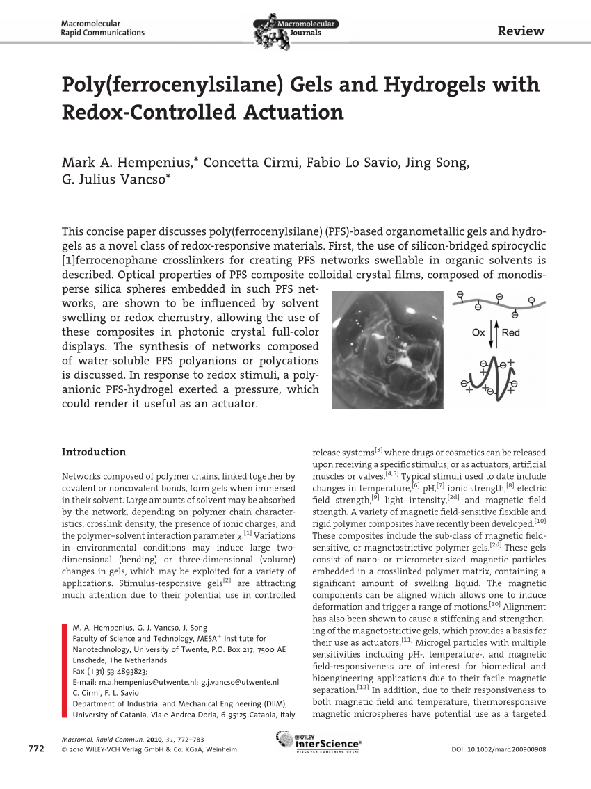 Pdf Poly Ferrocenylsilane Gels And Hydrogels With Redox Controlled Actuation