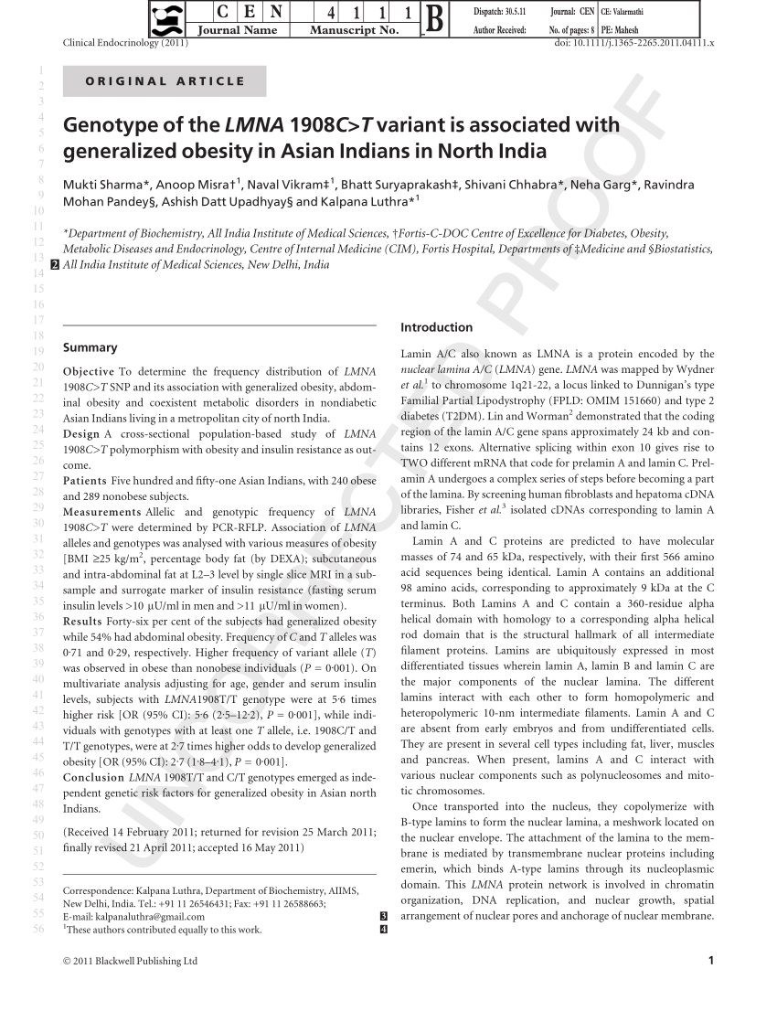 Pdf Genotype Of The Lmna 1908c T Variant Is Associated With Generalized Obesity In Asian Indians In North India