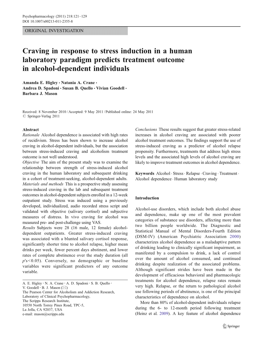 Pdf Craving In Response To Stress Induction In A Human Laboratory Paradigm Predicts Treatment Outcome In Alcohol Dependent Individuals