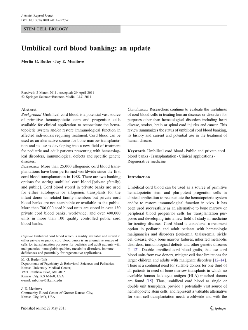 Pdf Umbilical Cord Blood Banking An Update