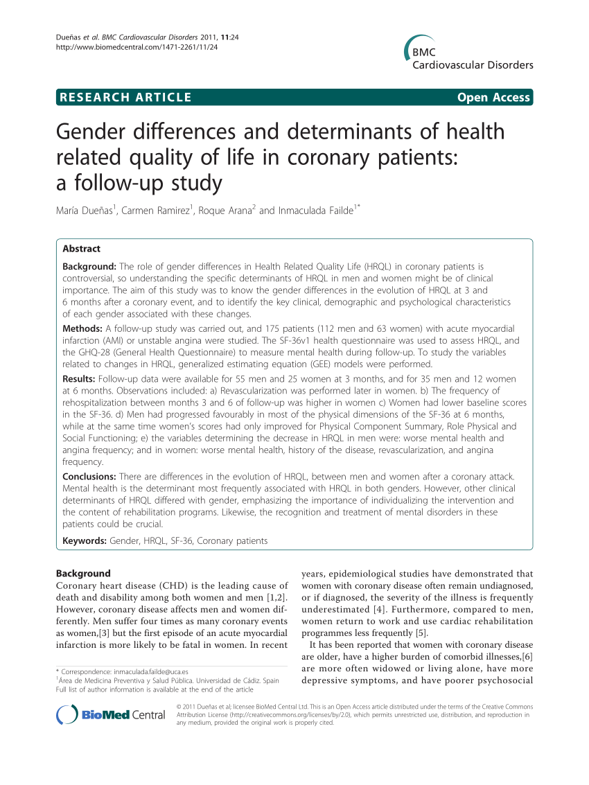 Gender Differences For Health And Quality Of