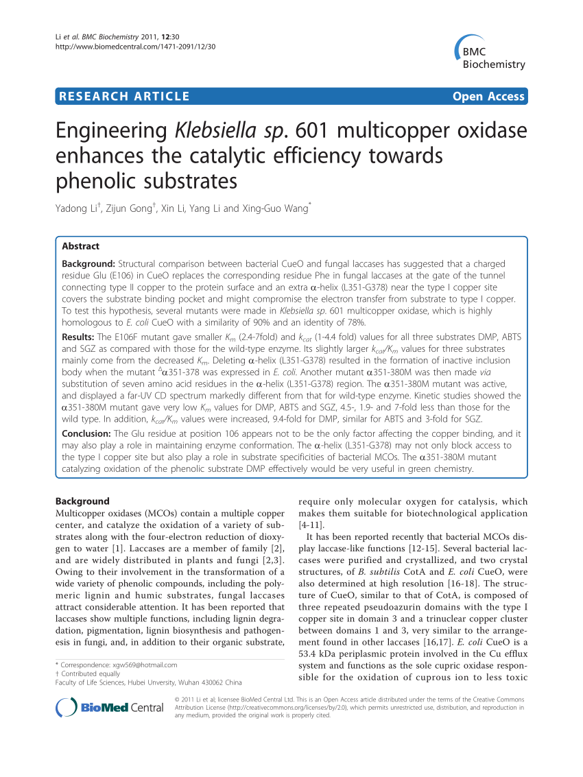 PDF) Engineering Klebsiella sp. 601 multicopper oxidase enhances ...