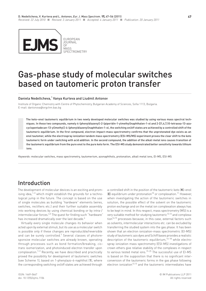 Pdf Gas Phase Study Of Molecular Switches Based On Tautomeric Proton Transfer