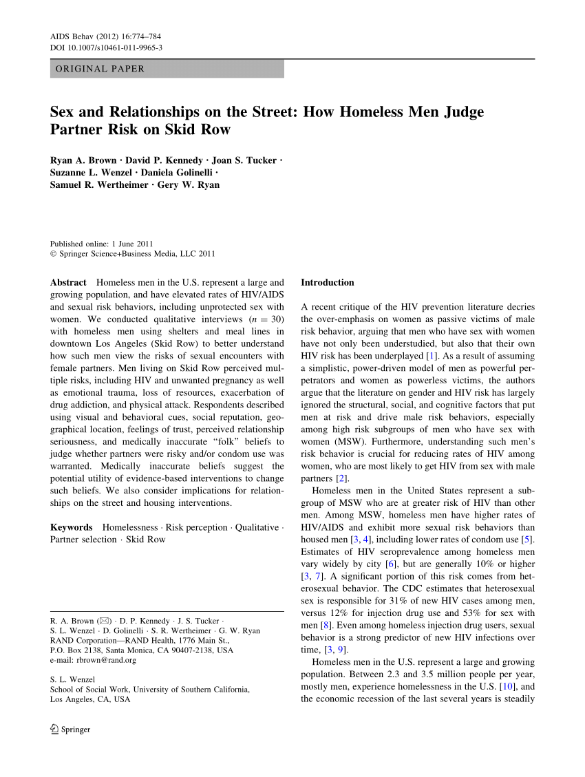 PDF) Sex and Relationships on the Street: How Homeless Men Judge Partner  Risk on Skid Row