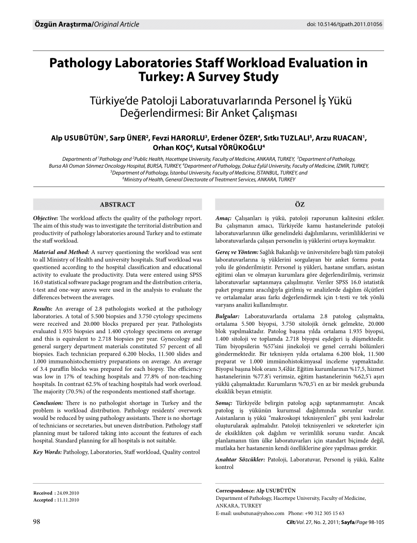 Pdf Pathology Laboratories Staff Workload Evaluation In Turkey A Survey Study