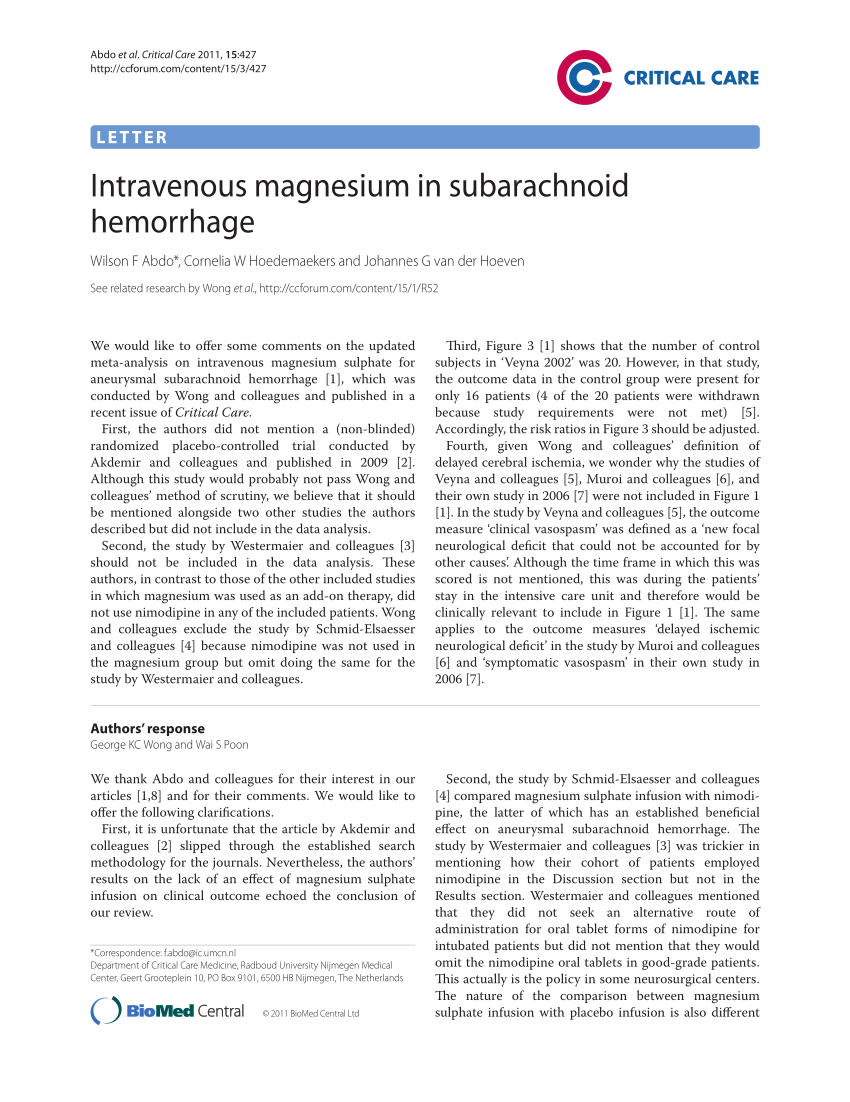 (PDF) Intravenous magnesium in subarachnoid hemorrhage Response