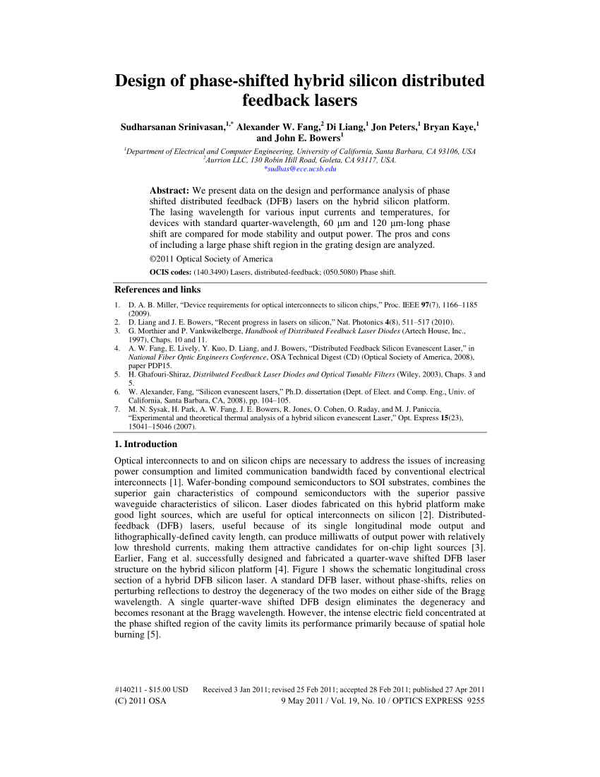 PDF) Design of phase-shifted hybrid silicon distributed feedback