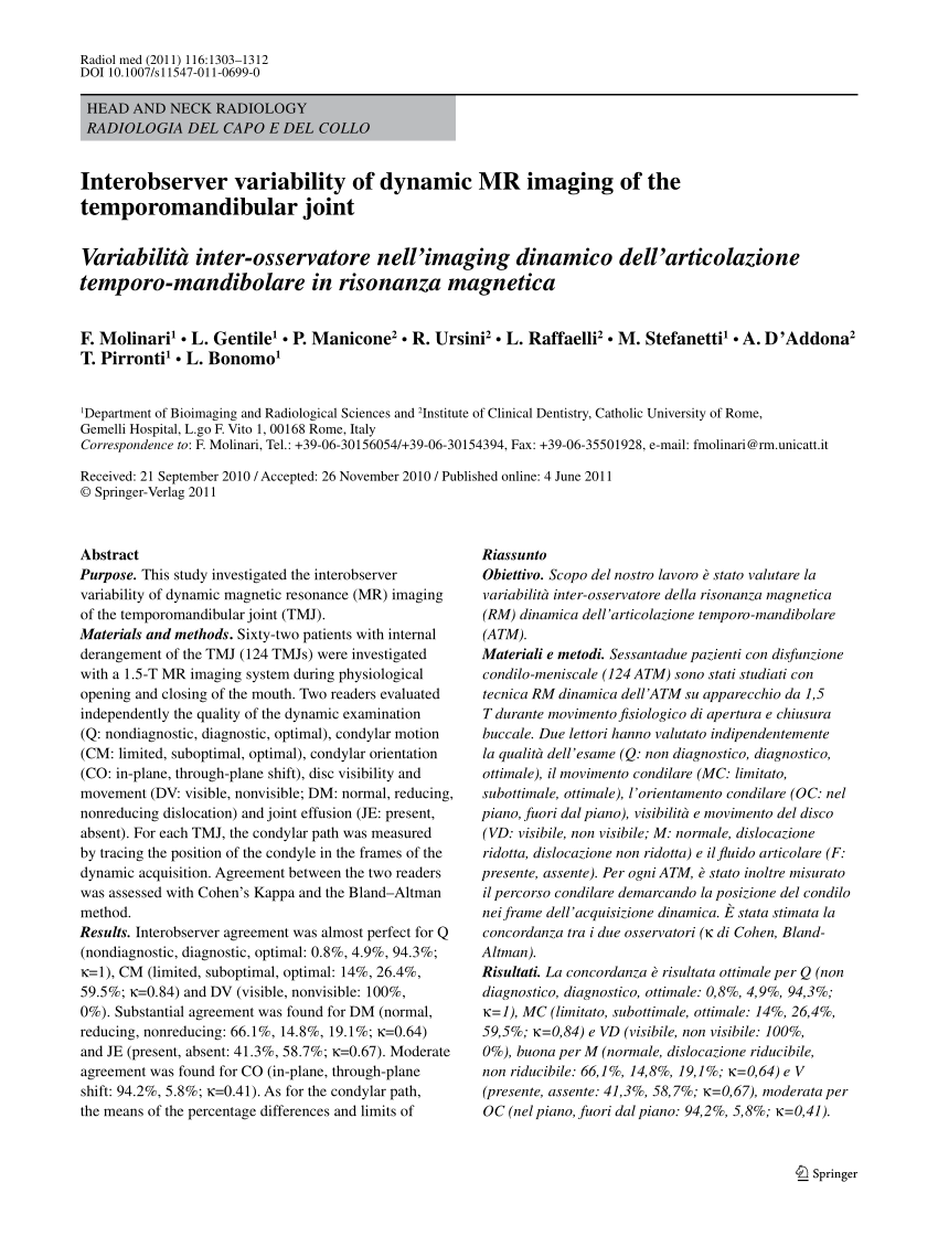 PDF) Interobserver variability of dynamic MR imaging of the  temporomandibular joint