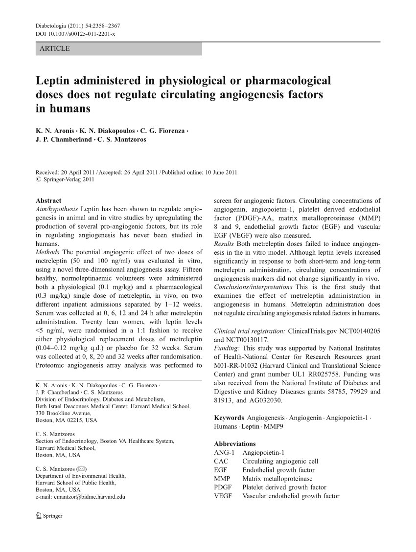 Pdf Leptin Administered In Physiological Or Pharmacological Doses Does Not Regulate Circulatory Angiogenic Factors In Human