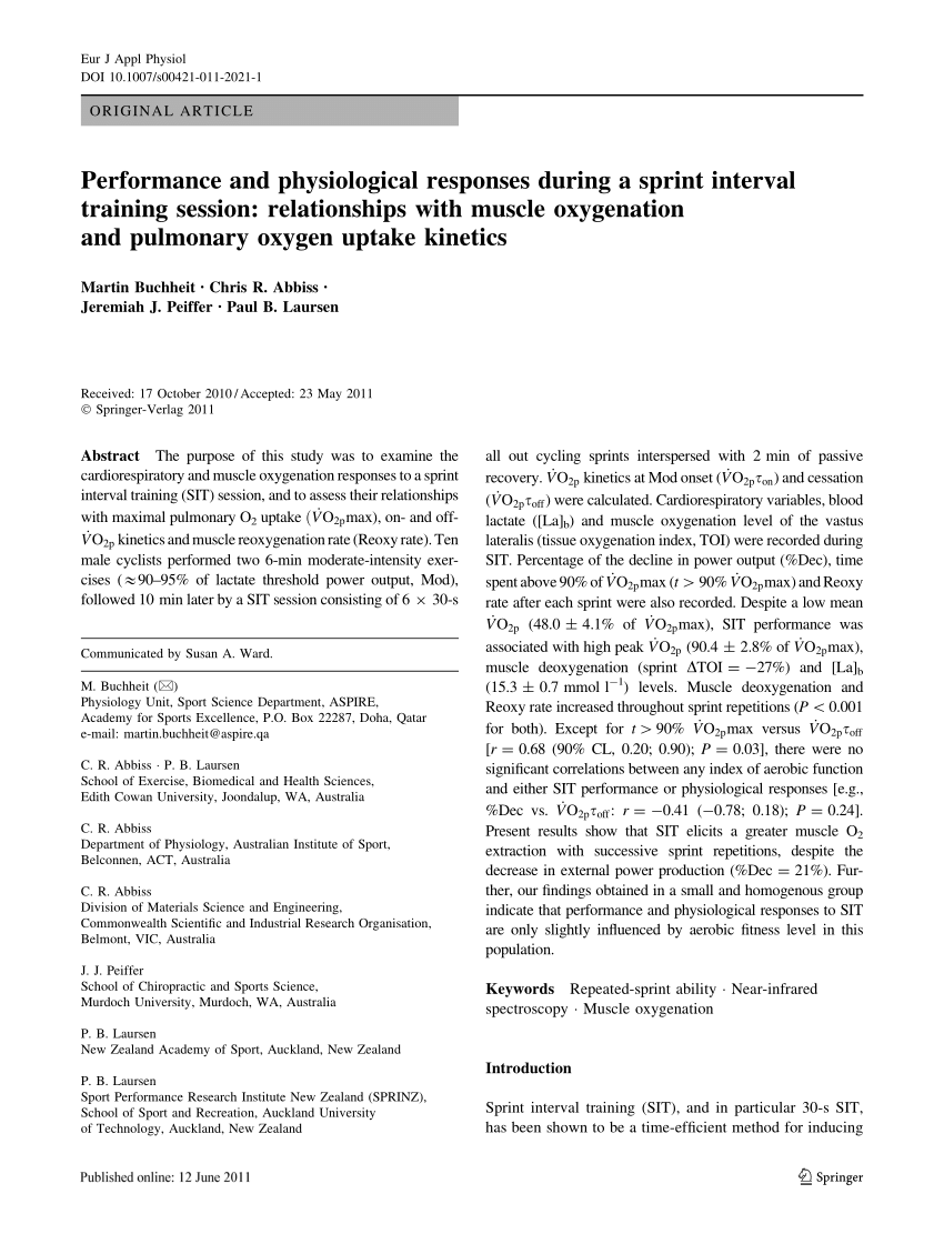 Pdf Performance And Physiological Responses During A Sprint Interval Training Session Relationships With Muscle Oxygenation And Pulmonary Oxygen Uptake Kinetics