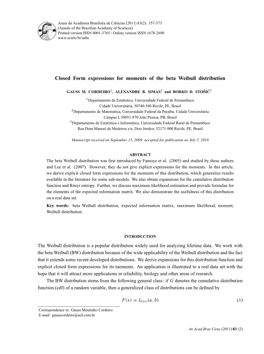 Pdf Closed Form Expressions For Moments Of The Beta Weibull Distribution