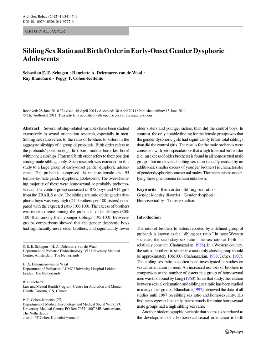 PDF) Sibling Sex Ratio and Birth Order in Early-Onset Gender Dysphoric  Adolescents