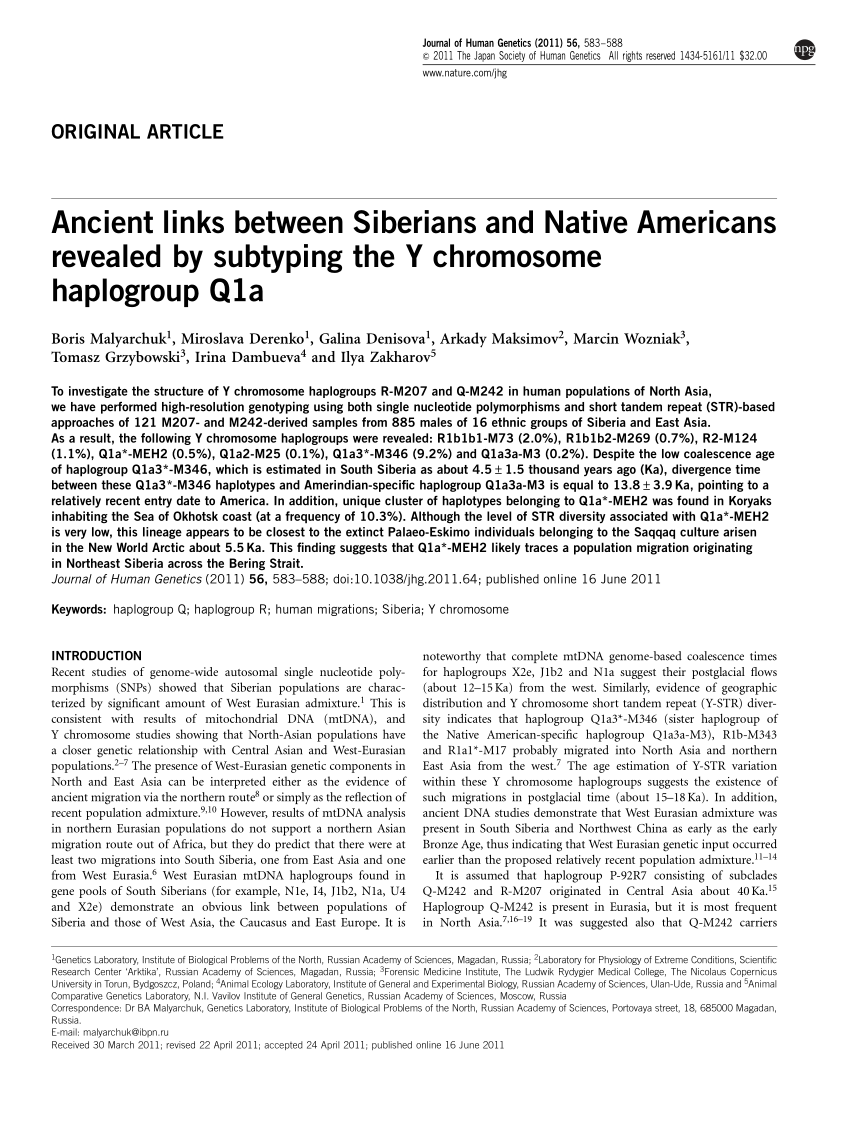 Pdf Ancient Links Between Siberians And Native Americans Revealed By Subtyping The Y Chromosome Haplogroup Q1a