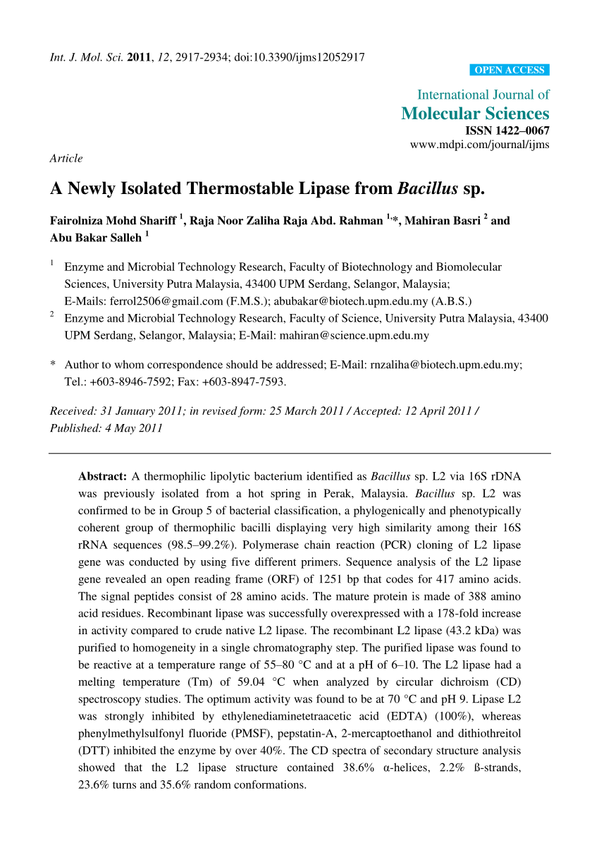 PDF A Newly Isolated Thermostable Lipase from Bacillus sp