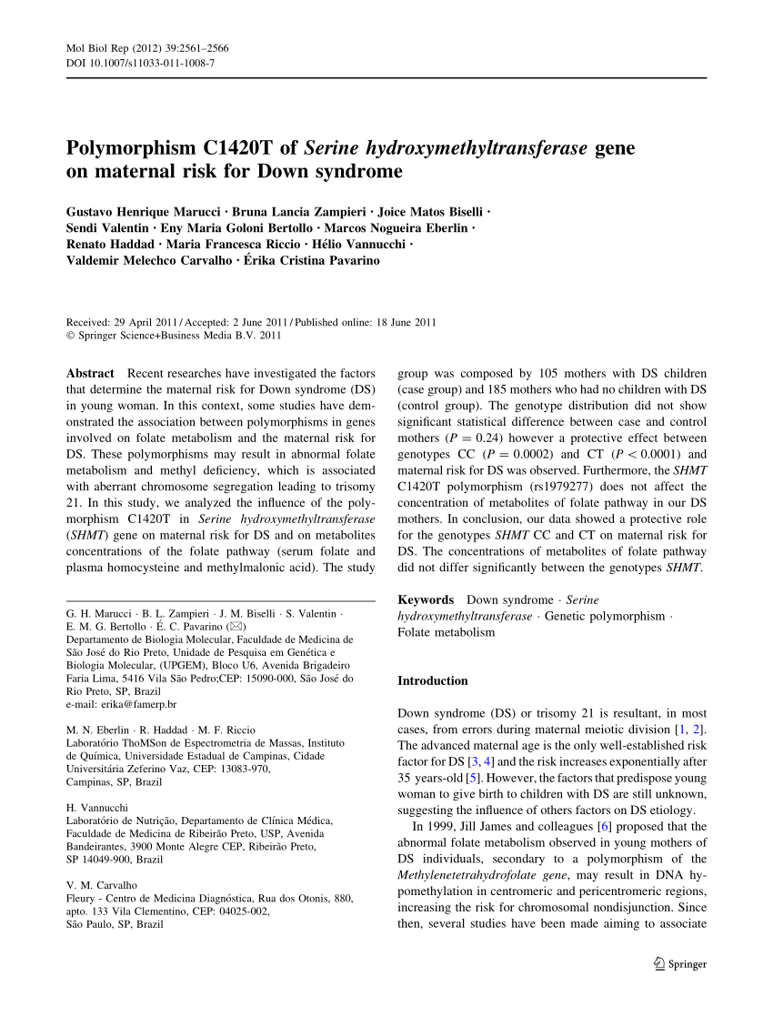 Pdf Polymorphism C14t Of Serine Hydroxymethyltransferase Gene On Maternal Risk For Down Syndrome