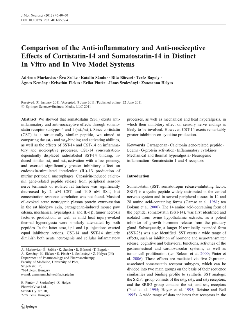 Pdf Comparison Of The Anti Inflammatory And Anti Nociceptive Effects Of Cortistatin 14 And Somatostatin 14 In Distinct In Vitro And In Vivo Model Systems