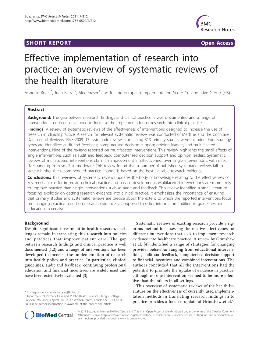 scholarly articles on implementation research