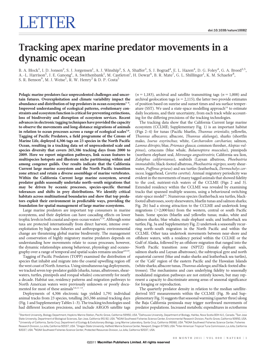 Pdf Tracking Apex Marine Predator Movements In A Dynamic Ocean